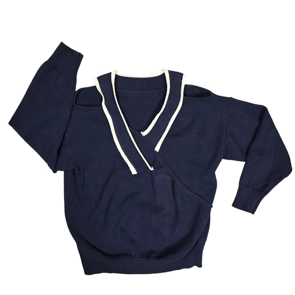 Cold Shoulder Sweater Long Sleeve Wool Blend Blue Keyhole GOOD See Measurements